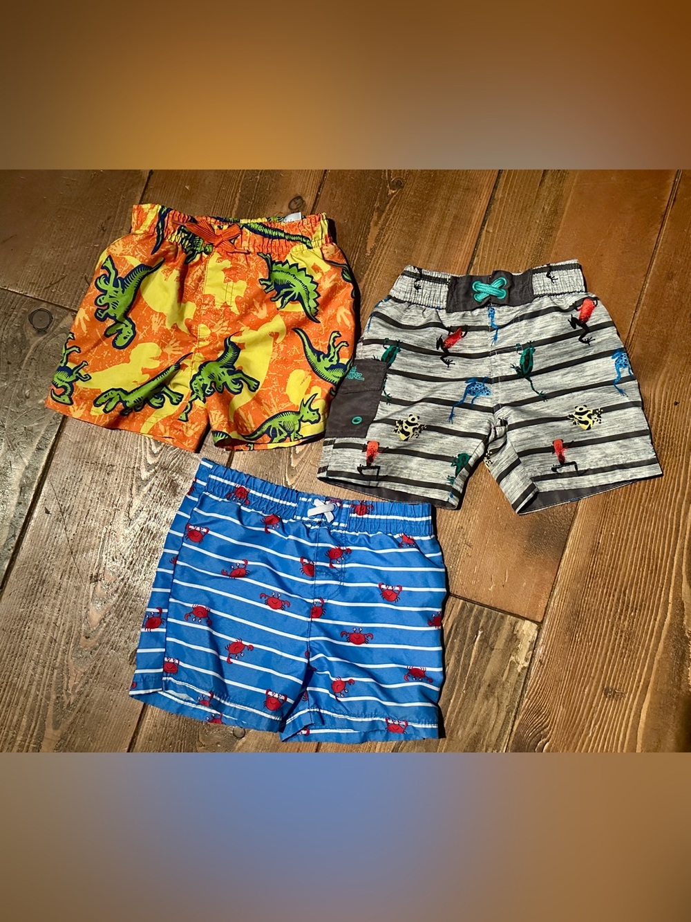 3, Toddler swim trunks, Sz 12 mo to 18 mo Frogs, Dinosaur, Crabs designs on each